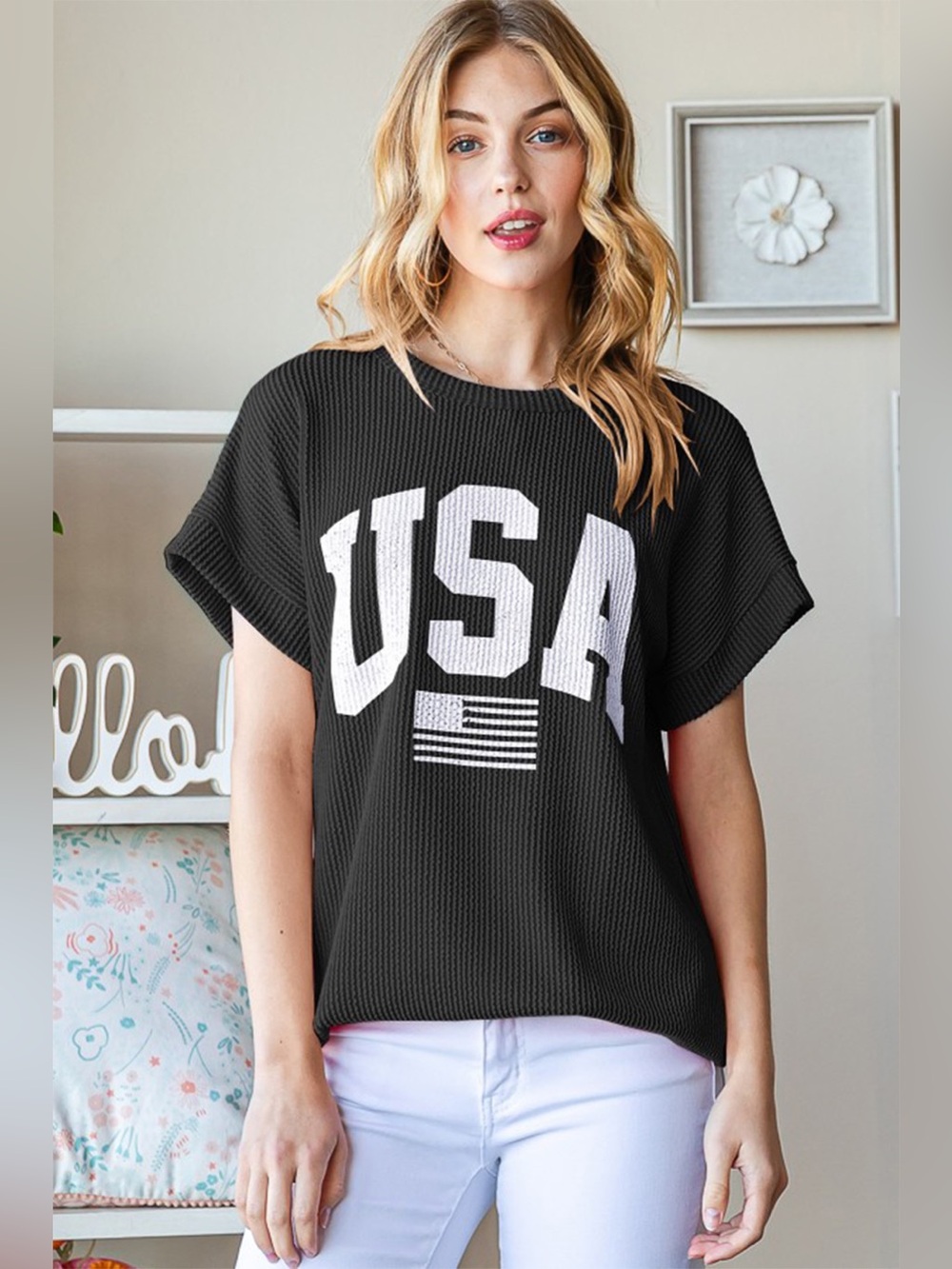 Heimish Full Size USA Graphic Short Sleeve Ribbed Top